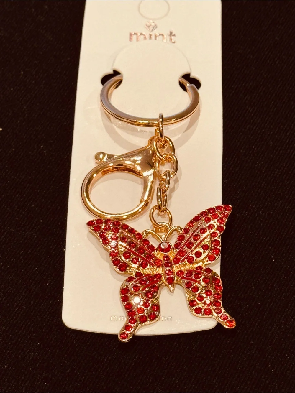 Mint Gold-Tone Keychain with Red Crystal Butterfly Charm NWT